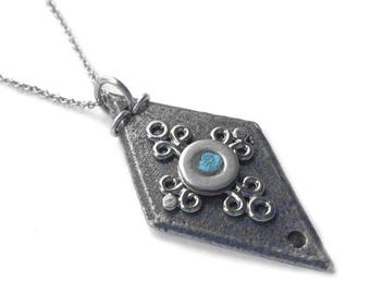 Black Iron and Steel Diamond Shaped Pendant, Resin Slate Blue Necklace, Medieval Jewelry, Gothic, Stainless Steel, As Seen on TV