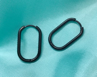 Small Black Hinged Huggie Earring, Stainless Steel Chain Link Hoop Earrings, Mini Oval Hoops, Rectangular Hoops, Minimalist Jewelry Unisex