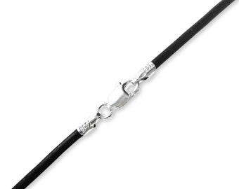 2mm 20 inch Black Necklace Leather Cord, Mens Necklace Chain, Sterling Silver Lobster Clasp