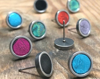 Steel and Resin Stud Earrings, 10mm Colorful Dot Earrings, Small Stud Earrings, Stainless Steel Circle Earrings, Modern Studs