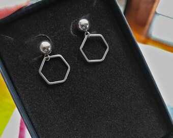 Small Silver Hexagon Drop Stud Earrings, Stainless Steel Dangle Earrings, Non Tarnish, Minimalist Style, Honeycomb Design