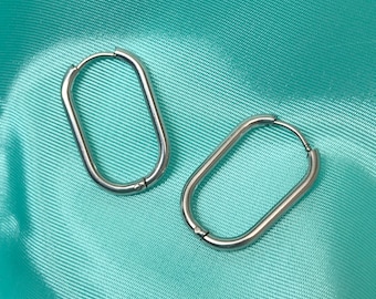 Small Oval Hinged Earrings, Stainless Steel Plain Small Hoops, Minimalist Silver Jewelry, Gender Neutral Hoops, Rectangular Hoop Earrings