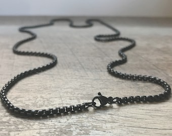 Collier chaîne carrée noire, chaîne en acier inoxydable, 3 mm, bijoux qui ne ternissent pas, cadeau pour homme, chaîne en métal solide, fermoir mousqueton, unisexe