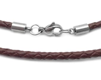 Brown Braided Leather Cord, 3mm, Mens Leather Necklace, Gift for Cowboy, Womens Jewelry, Stainless Steel Lobster Clasp