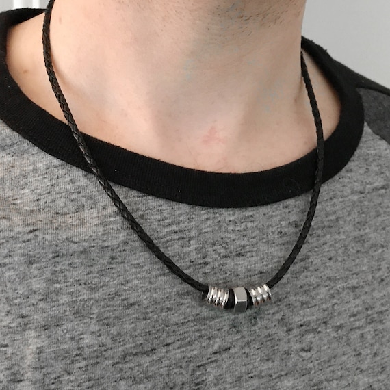 Mens Tribal Necklace, Black Leather Cord, Stainless Steel Jewelry, Gifts  for Him, Industrial Jewelry, 16 24 Inch Lengths Available 