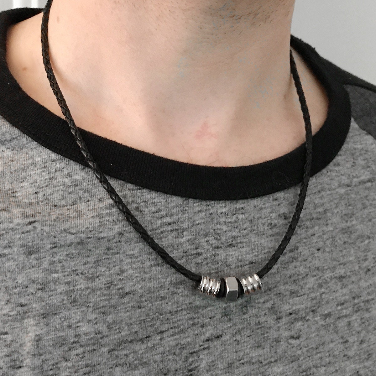 Stainless Steel Polished Woven Black Leather Necklace