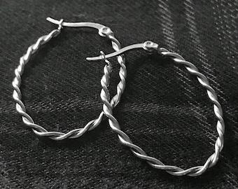 Silver Oval Hoop Earring, Twisted Stainless Steel, 2 Strand Wire, Braided Celtic Style. Medium Size, Gift for Her