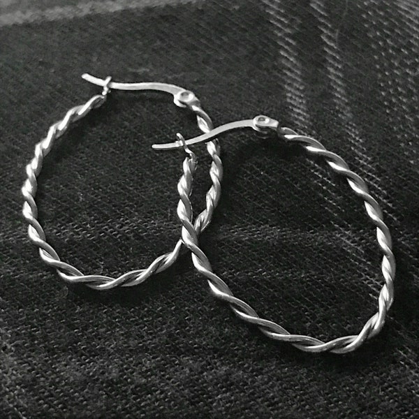 Silver Oval Hoop Earring, Twisted Stainless Steel, 2 Strand Wire, Braided Celtic Style. Medium Size, Gift for Her
