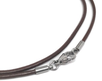 Brown Leather Cord Necklace (16 - 30 Inch), 2mm, Silver Stainless Steel Lobster Clasp, Plain Necklace Chain, Unisex