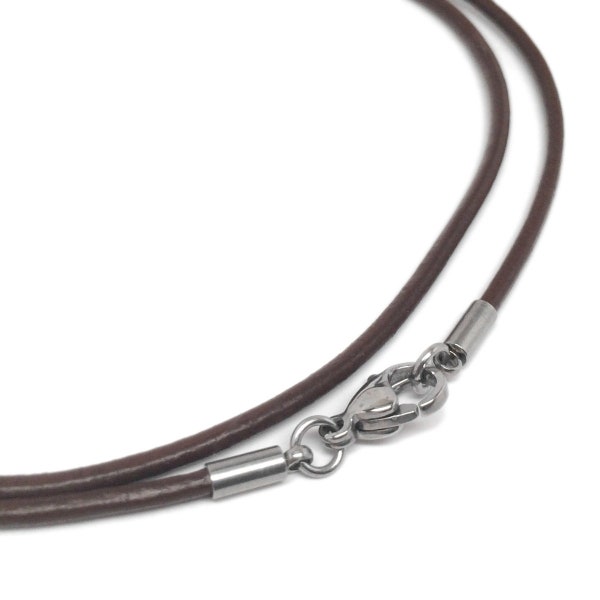 Brown Leather Cord Necklace (16 - 30 Inch), 2mm, Silver Stainless Steel Lobster Clasp, Plain Necklace Chain, Unisex