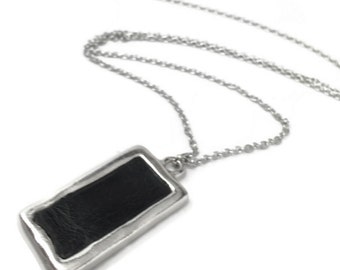 Silver  Rectangle Necklace, Simple Jewelry, Silver and Black, Resin Jewelry, Geometric, Gift Idea for Girlfriend