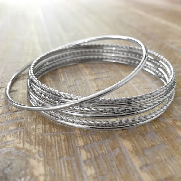 Thin Stainless Steel Bangle Bracelet Set, Twisted Silver Bracelets, Stacking Bangles Set Women, Gift for Sister, Metal, Gift Set for Friend