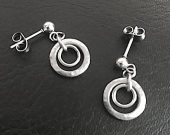 Small Silver Hammered Circle Earrings, Textured Dangle Post Earrings, Stainless Steel Stud Earrings, Sensitive Ears, Everyday Jewelry