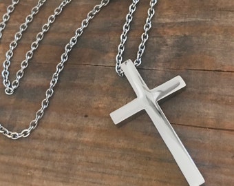 Mens Large Cross Pendant, Stainless Steel Necklace, Jewelry for Him, Religious Gift for Son, Simple Crucifix
