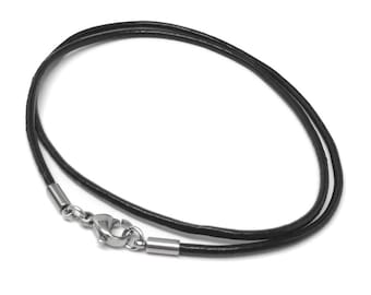 Black Leather Cord Necklace (14 - 30 Inch), 2mm, Stainless Steel Clasp, Plain Necklace Chain, Choker