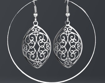 Silver Filigree Drop Earrings, Stainless Steel, Sensitive Ears, Leaf Shaped, Gift for Wife, Gifts for Her Under 30, Teardrop, Swirl Pattern