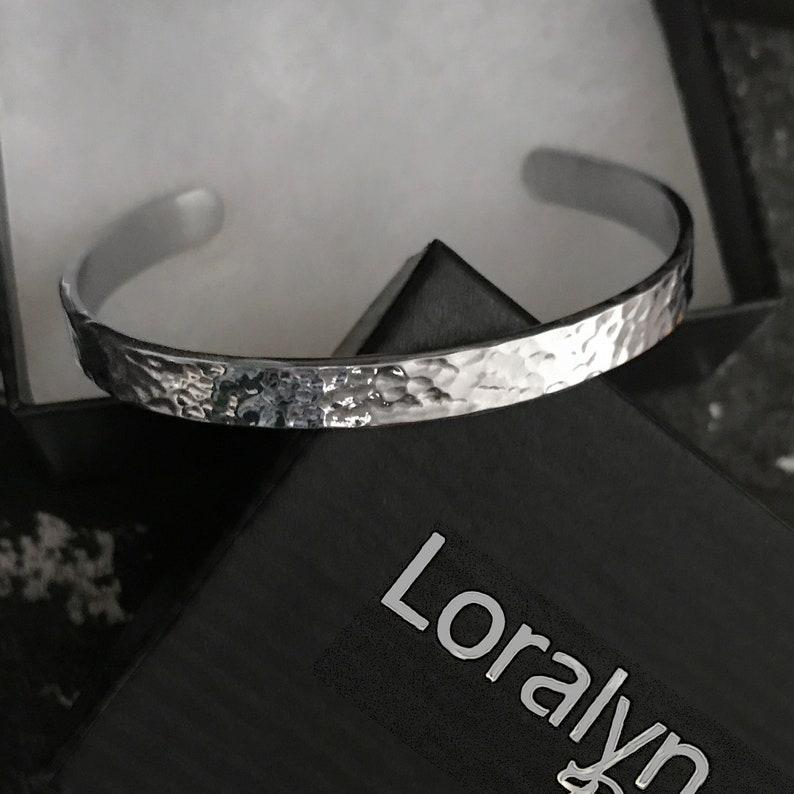 Stainless Steel Hammered Cuff Bracelet, Unisex Design, Mens Thin Bangle, Polished Silver Finish, Gift for Women, graduation gift image 2