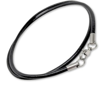 3mm Black Leather Cord Necklace, Stainless Steel, Lobster Clasp, Black Mens Chain, Womens Choker