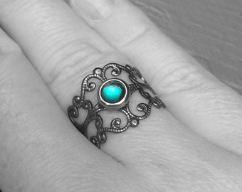 Adjustable Ring, Medieval Jewelry, Womens Teal Gothic Design, Ornate Scrollwork, Metal Cutout