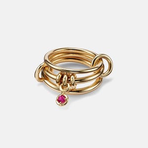 Spinelli Kilcollin 14k Gold Plated Three Plain Band With Ruby Solitaire Ring Drop Link Band With Two Small Band Interlocking Spinner RIngs