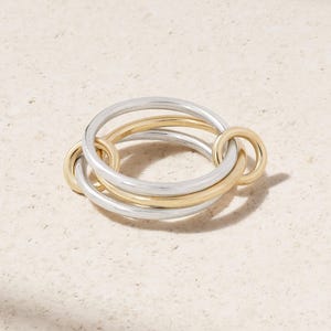 Three Plain Ring Multi Link Connected Band, Solid Silver Plain Band With 14k Gold Plated Plain Rings, Handmade Stacking Rings For Women Gift