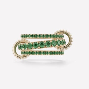Three Emerald Eternity Band With Small Moissanite Eternity Band Interlocking Connector Ring, Spinelli Kilcollin Stacking Rings Gold Plated