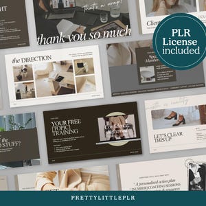 May include: A collection of digital marketing templates featuring a neutral color palette of dark brown, beige, and white. The layouts include text headers such as The Client Spotlight, The Direction, Your Free Topic Training, and PLR License Included.