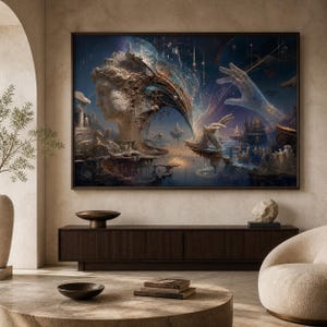Könnte beinhalten: Ein rechteckiger Wandkunstdruck mit einer surrealen Landschaft, einem großen klassischen Steinkopf, einer riesigen ätherischen Hand, die über einen dunkelblauen Himmel reicht, schwebenden architektonischen Strukturen und komplexen Lichtspuren.