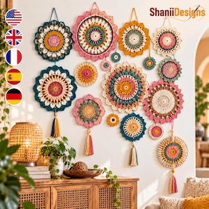 May include: A collection of circular crochet wall hangings in various sizes and colours, including teal, pink, yellow, and cream. The pieces feature intricate mandala-style patterns, some with hanging tassels and wooden beads, arranged on a wall.
