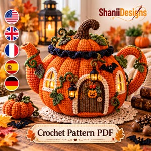 May include: A crochet pattern PDF featuring a teapot shaped like a pumpkin house with a brown door, windows, green vines, and a black bat. The teapot has a dark blue ruffled trim, a curved stem handle, and is accompanied by a small pumpkin.
