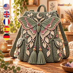 May include: A sage green crochet backpack featuring a large moth applique on the front with cream and pink wing details, a crescent moon accent, and two long tassels with gold beads. The bag includes side pockets and adjustable shoulder straps.