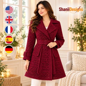 May include: A deep red, long-sleeved, knee-length coat featuring a textured, open-weave crochet pattern, a wide notched collar, and a matching fabric belt with a rectangular buckle. The cuffs also include matching buckled straps.