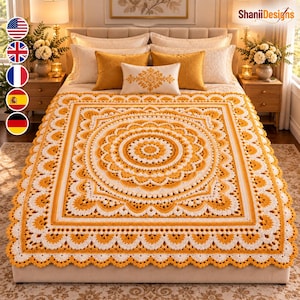 Crochet Mandala Blanket Pattern PDF, Golden Bloom Square Afghan, Raised Floral Mandala Throw, Elegant Bedspread Home Decor
