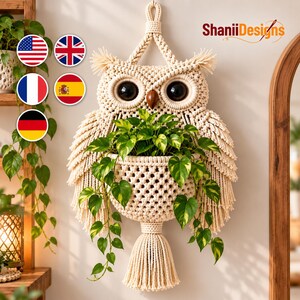 Crochet Owl Plant Hanger Pattern PDF | with Fringed Wings and Basket for Boho Indoor Decor | Intermediate DIY Home Decor Digital Download