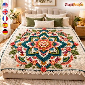 May include: A cream-colored crochet bedspread featuring a large, intricate central mandala design in shades of teal, coral, pink, and green. The blanket is adorned with three-dimensional floral and leaf motifs, finished with a delicate scalloped edge.