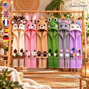 Crochet Animal Hooded Scarf Pattern Bundle, Deer Bunny Bear Frog Cat Unicorn PDF, Kids Hooded Scarf with Fringe Appliques