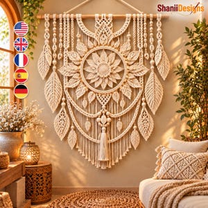 May include: A large off-white macrame wall hanging featuring a central circular mandala design surrounded by intricate leaf-shaped accents, hanging cords, and wooden beads suspended from a horizontal wooden rod with the text ShaniiDesigns.