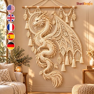 Dragon Macrame Wall Hanging Crochet Pattern PDF, Crescent Moon Dragon Decor, Large Fantasy Boho Wall Art Digital Download Pattern