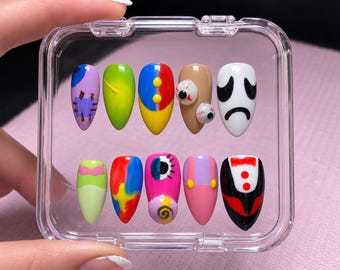 Digital Circus Press-On Nails: 3D Gel, Colorful Characters (Prep & Glue Included)