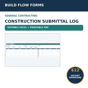 Könnte beinhalten: Eine digitale Vorlage für ein Bau-Submittal-Protokoll mit dem Titel BUILD FLOW FORMS, die ein Tabellenlayout mit Spalten für Submittal-Nummer, Beschreibung, Daten und Status enthält. Das Dokument ist als bearbeitbare Excel-Datei und druckbares PDF verfügbar.