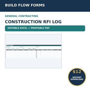 Könnte beinhalten: Eine digitale Bau-RFI-Protokollvorlage mit dem Text BUILD FLOW FORMS, GENERAL CONTRACTING, CONSTRUCTION RFI LOG und EDITABLE EXCEL + PRINTABLE PDF. Die Tabelle enthält Spalten für RFI-ID, Einreichungsdatum, Betreff, Frage, Empfänger, Antwortfrist, Status, Antwortdatum, Kostenauswirkungen, Terminauswirkungen und Notizen.