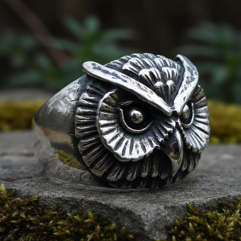 Statement Owl Ring, 925 Sterling Silver Oxidized Vintage Style Adjustable