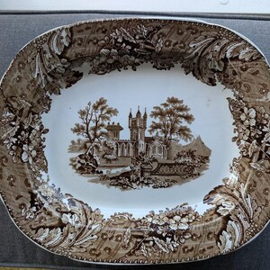 Antique English Brown Transferware Platter – Devon Pattern, Victorian Serving Dish (c. 1840)