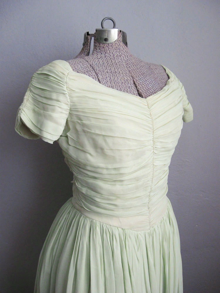1950s Dress Chiffon Celery Green Dress Ruched Full Skirt 50s Etsy