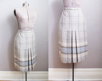 Grey Wool Skirt 70s Skirt Pleated Blue Grey Plaid / Small Medium