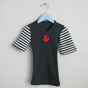 1960s Kids T-Shirt Nautical Navy Blue White Stripe Red Anchor / 4 6 image 1