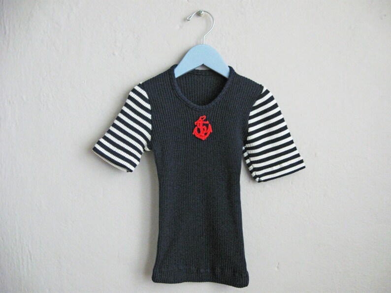 1960s Kids T-Shirt Nautical Navy Blue White Stripe Red Anchor / 4 6 image 1