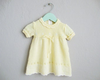 Knit Baby Dress Yellow Girls Dress Eyelet Embroidered Vintage Dress / 3 6 Months