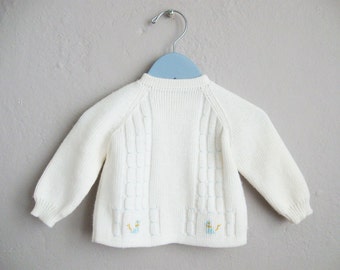 1960s Vintage White Baby Sweater Blue Dogs Embroidered Button Back / 6 9 Months