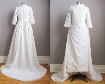 1960s Vintage Wedding Gown Chapel Train 60s Bridal Dress Modest High Neck Long Sleeves / Small